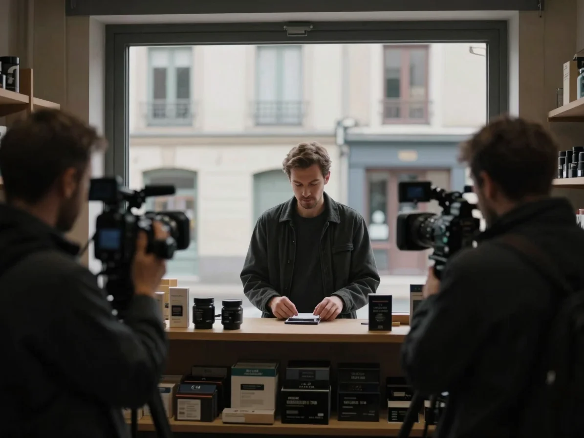 Cinematic 35mm frame of a camera operator filming a product on a