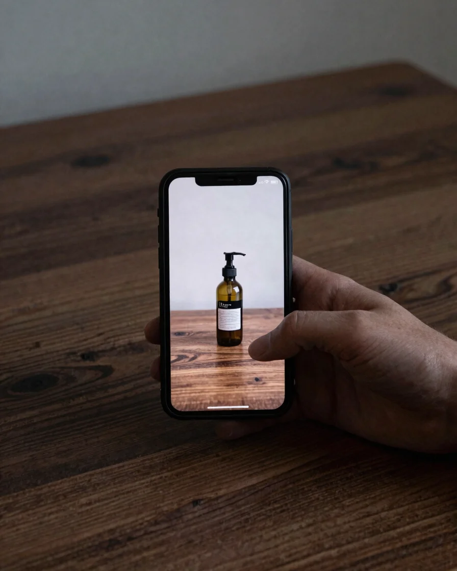 Plan rapproché d'un écran de smartphone posé sur une table en boi