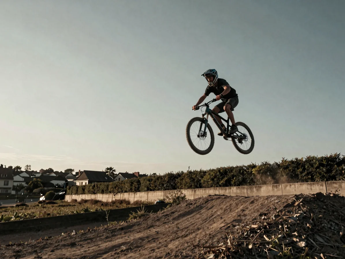 Cinematic 35mm frame of a rider mid-air on a dirt trail at golden
