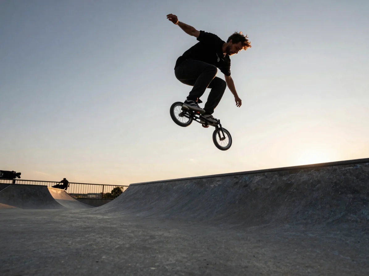 Plan large cinématographique d’un rider en pleine session sur une