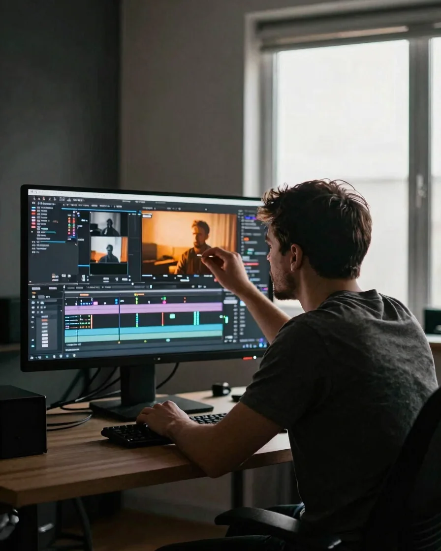 Cinematic 35mm frame of a video editor reviewing footage on a dar