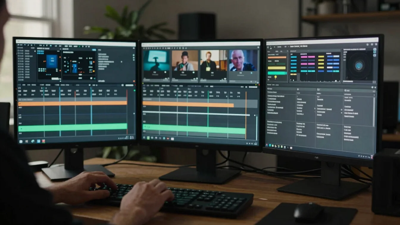 Écran de montage vidéo dans une pièce sombre, timeline visible en