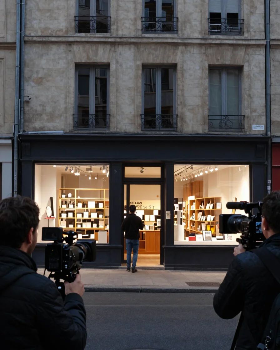 Plan large cinématographique d'un commerce urbain ordinaire en fi