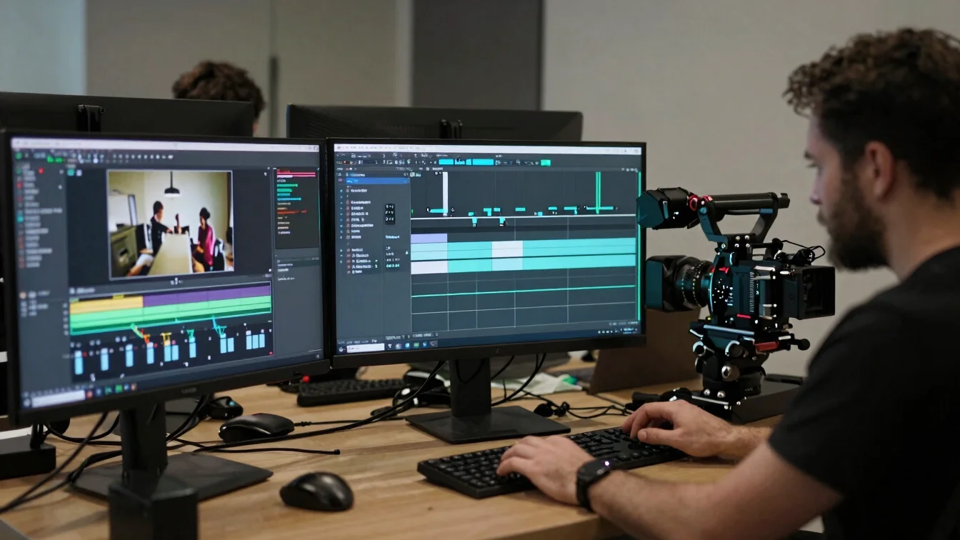 Gros plan sur une station de montage vidéo dans un bureau sombre,