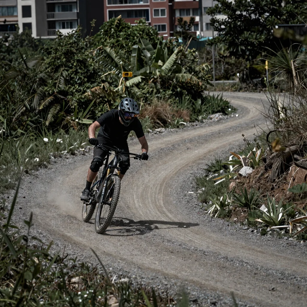 Cinematic 35mm wide shot of a mountain biker cornering on a gravel path through urban fringe greenery, natural contrast