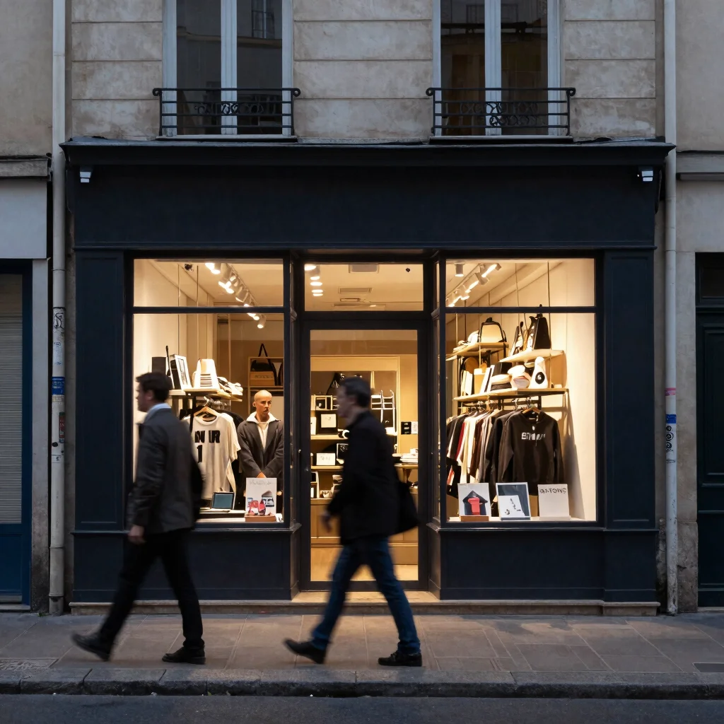 Storefront of an ordinary urban French shop at dusk, lit window,