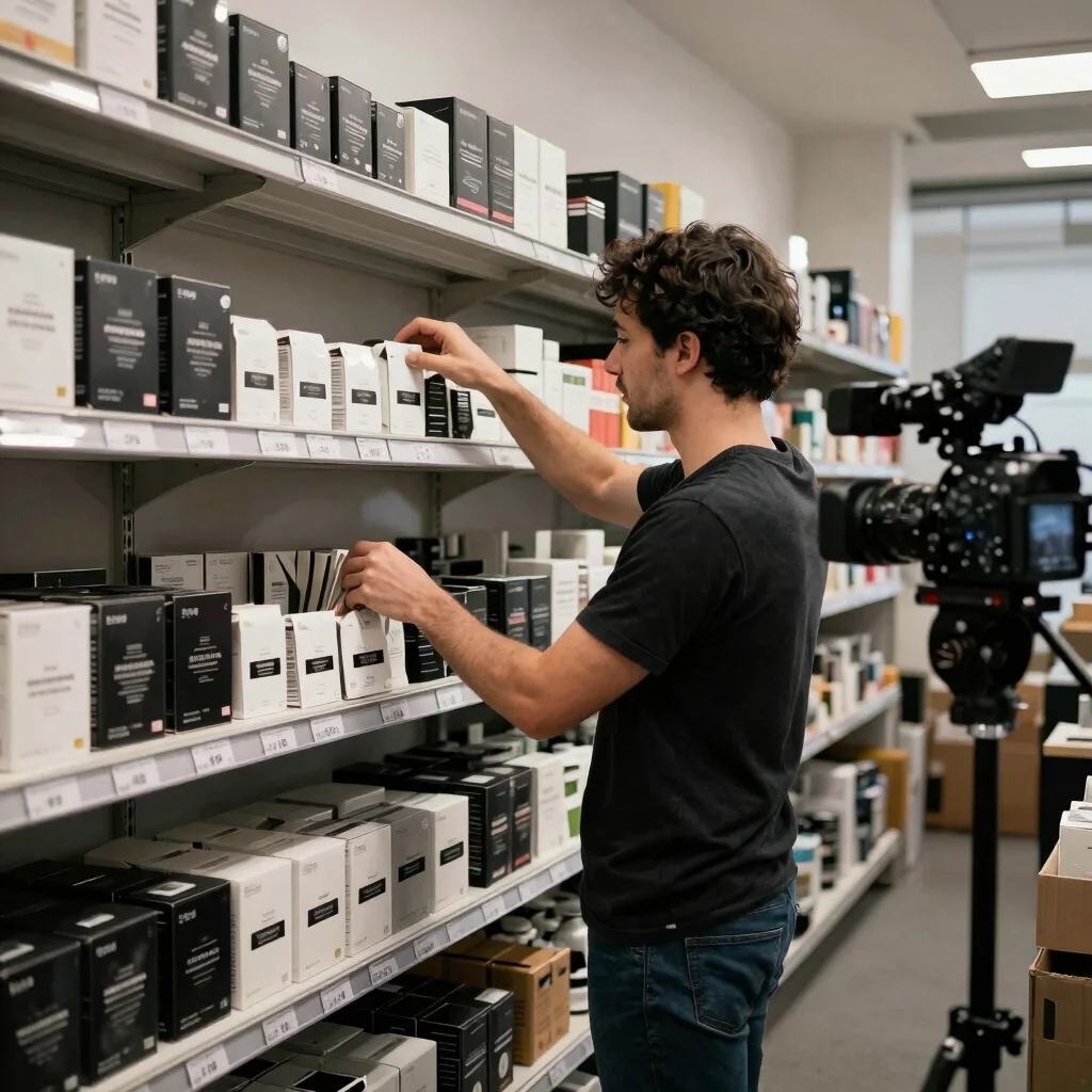 Small business owner arranging products on a shelf while a camera