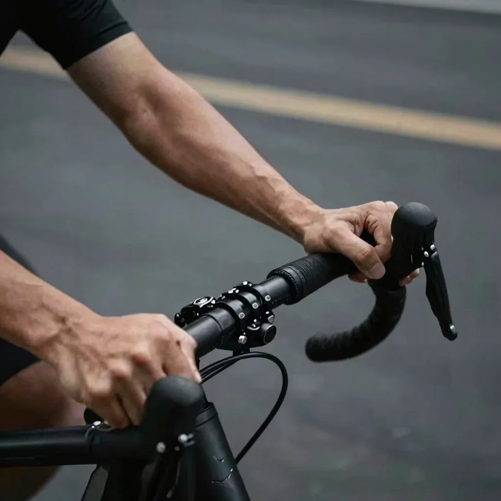 Close detail of a rider's hands gripping handlebars with a camera rig visible, shallow depth of field, cinematic contras