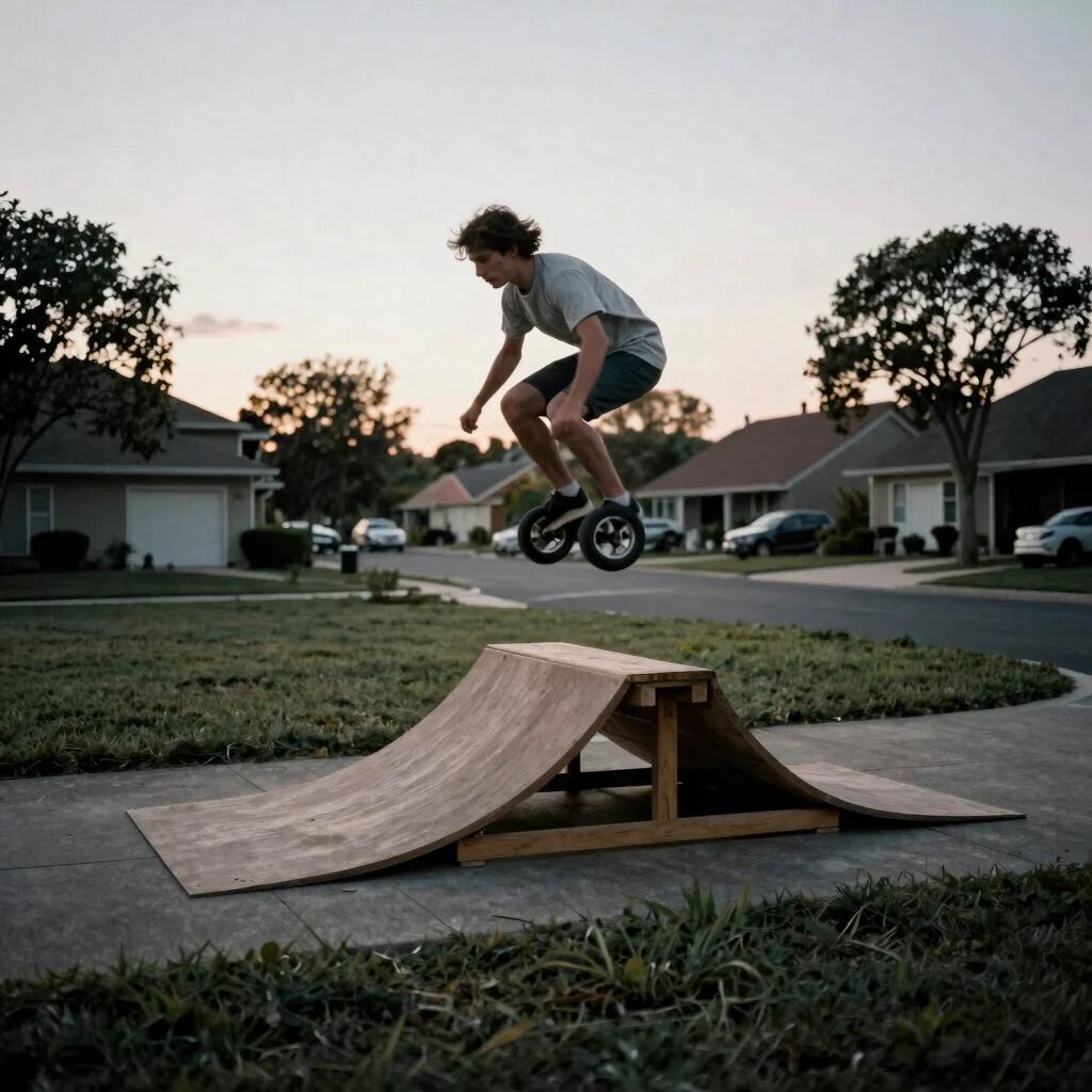 Rider jumping a small wooden ramp in a suburban park at dusk, motion blur on wheels, film grain feel, dark neutral tones