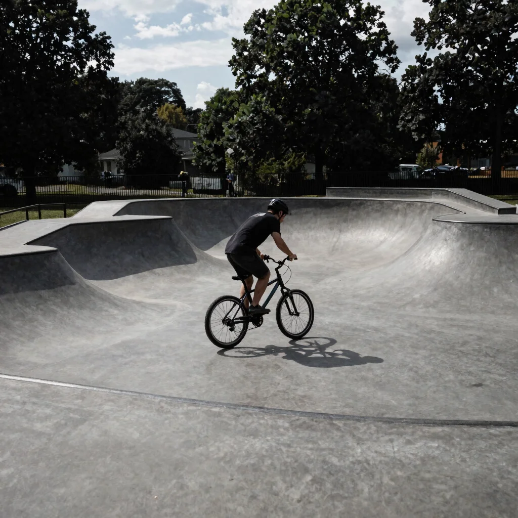 Film crew member filming a bike session from a low angle on a skate park edge, natural light, dark neutral tones, wide f
