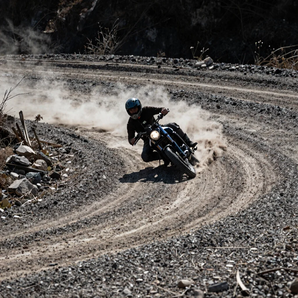 Rider sliding through a gravel bend with dust trailing, 35mm look, strong backlight, dark neutral tones, subject left th