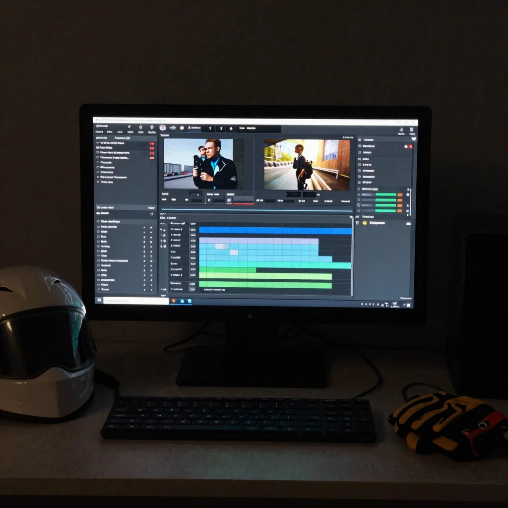 Editing monitor glowing in a dark room beside a helmet and gloves, cinematic low light, dark neutral tones, close framin
