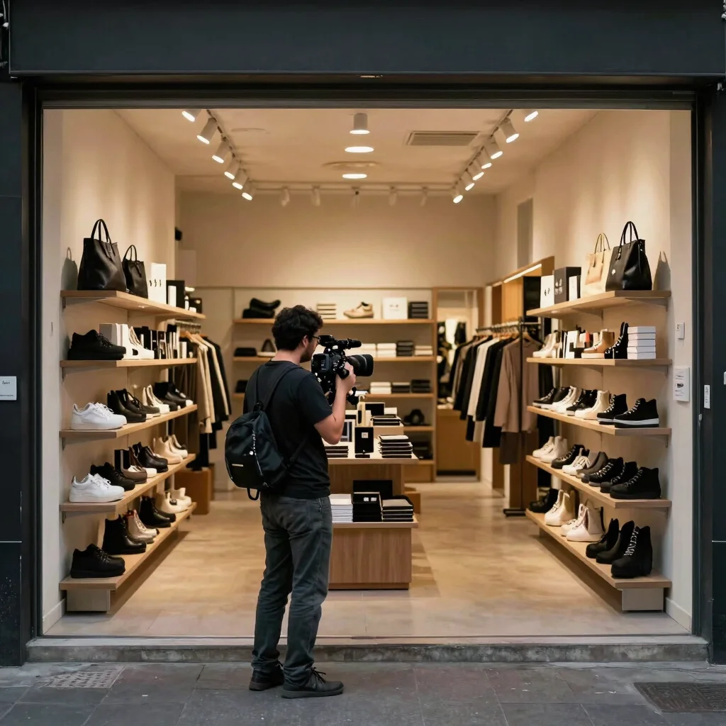 Camera operator filming inside a local boutique with shelves and